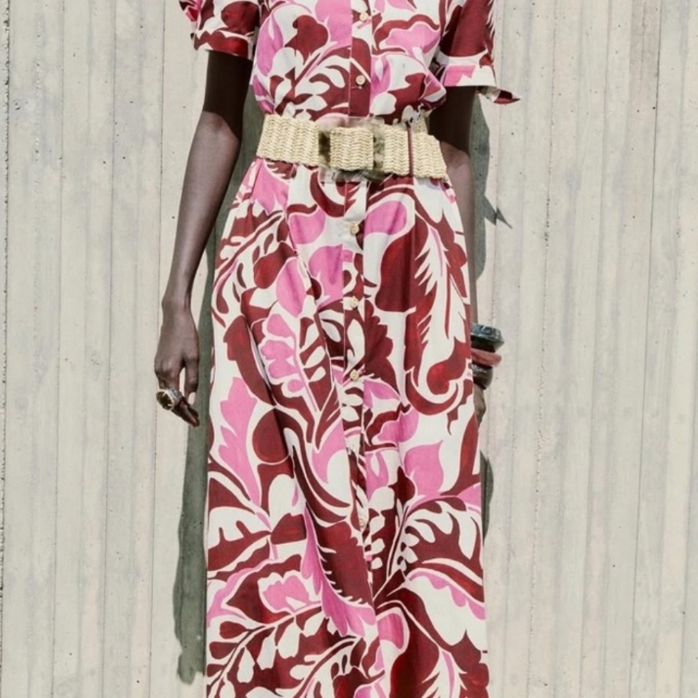 Zara Burgundy and Pink Patterned Midi Dress - Picture 4 of 5
